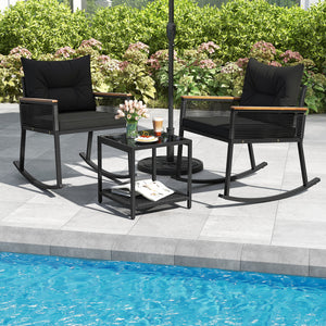 3 Piece Outdoor PE Rattan Rocking Bistro Set with 2-Tier Coffee Table-Blackcolor view 6