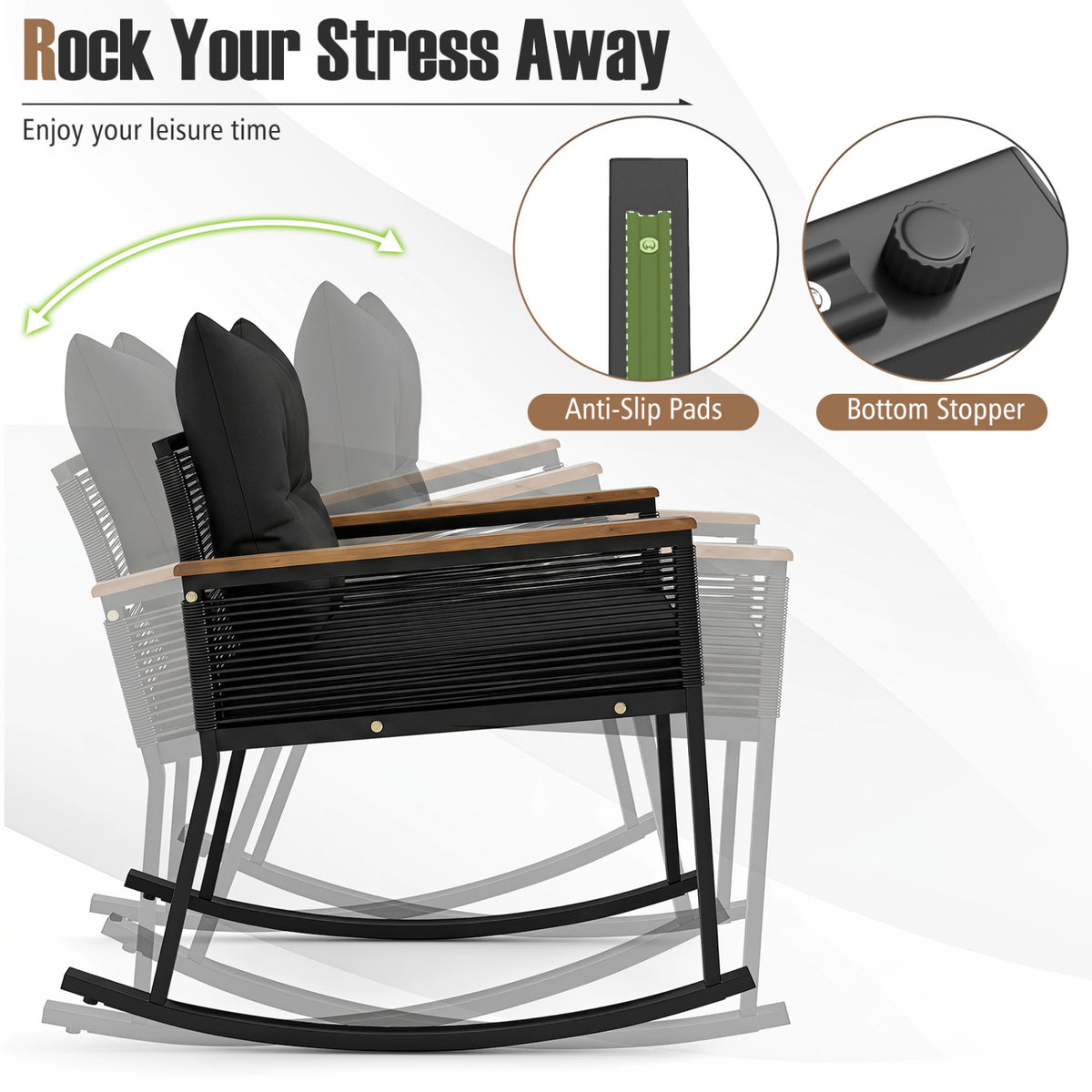 3 Piece Outdoor PE Rattan Rocking Bistro Set with 2-Tier Coffee Table-Blackcolor view 7
