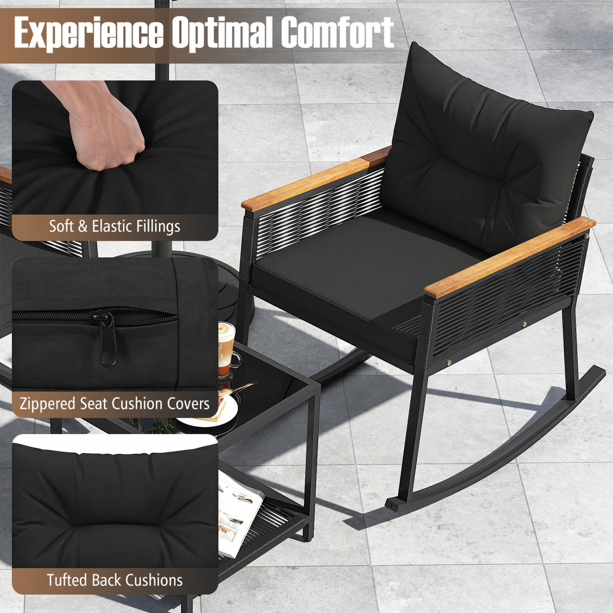 3 Piece Outdoor PE Rattan Rocking Bistro Set with 2-Tier Coffee Table-Blackcolor view 8