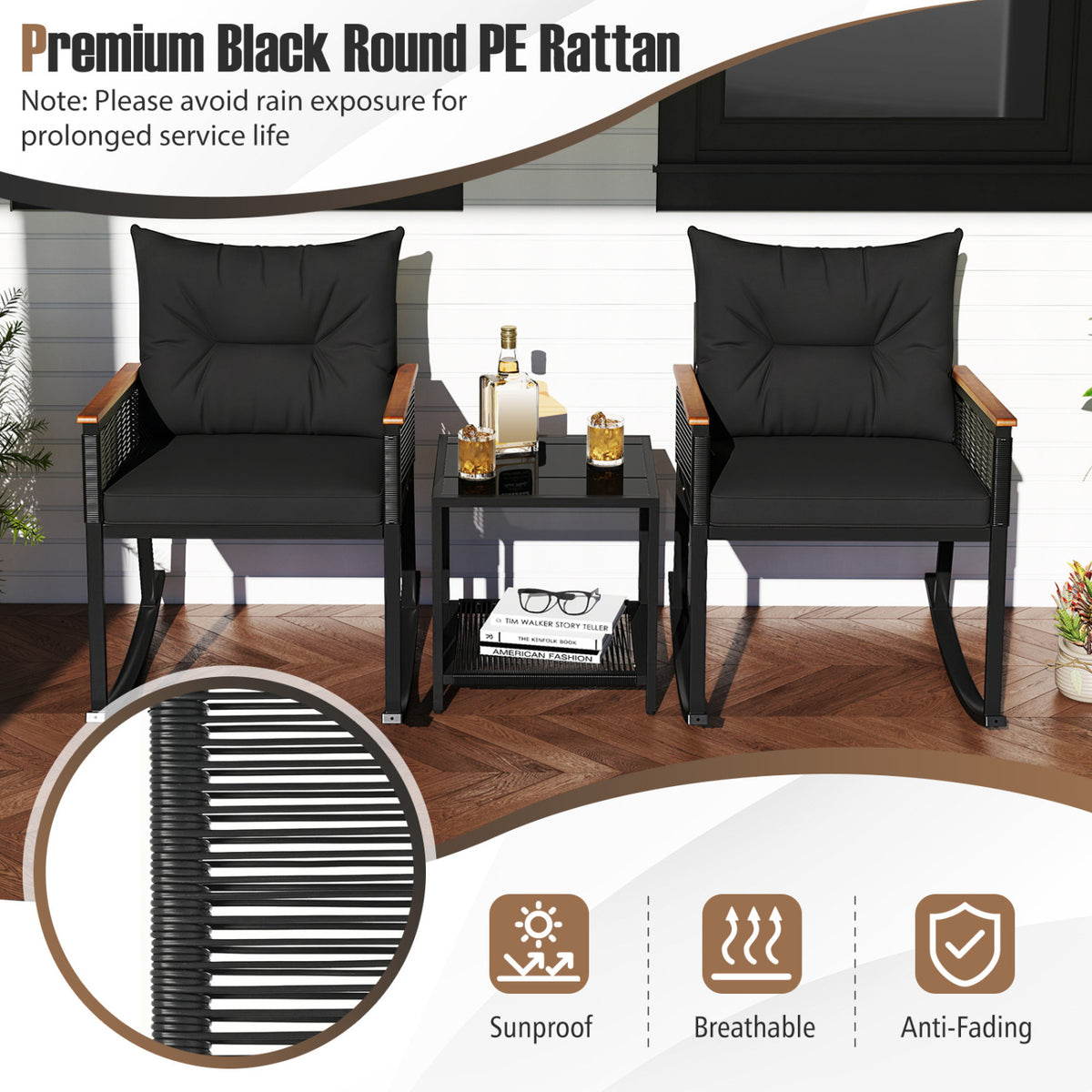 3 Piece Outdoor PE Rattan Rocking Bistro Set with 2-Tier Coffee Table-Blackcolor view 9