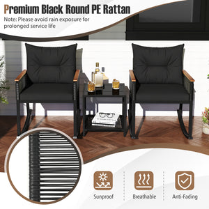 3 Piece Outdoor PE Rattan Rocking Bistro Set with 2-Tier Coffee Table-Blackcolor view 9