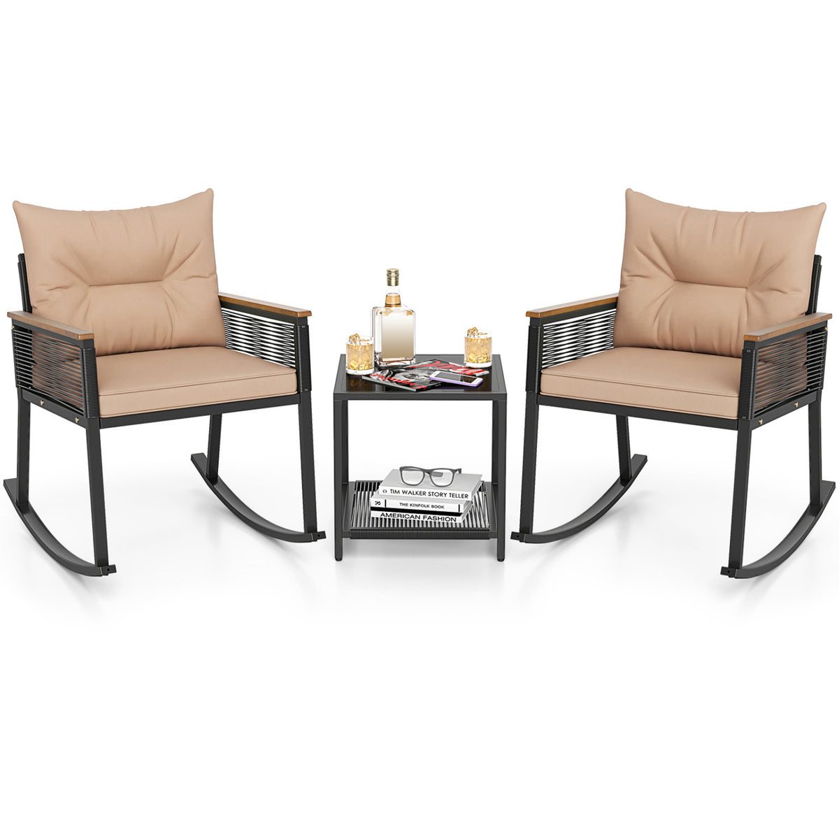 3 Piece Outdoor PE Rattan Rocking Bistro Set with 2-Tier Coffee Table-Brown