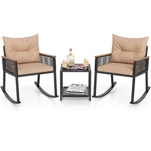 3 Piece Outdoor PE Rattan Rocking Bistro Set with 2-Tier Coffee Table-Brown