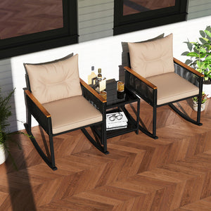 3 Piece Outdoor PE Rattan Rocking Bistro Set with 2-Tier Coffee Table-Brown view 2
