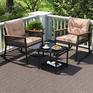 3 Piece Outdoor PE Rattan Rocking Bistro Set with 2-Tier Coffee Table-Brown view 3