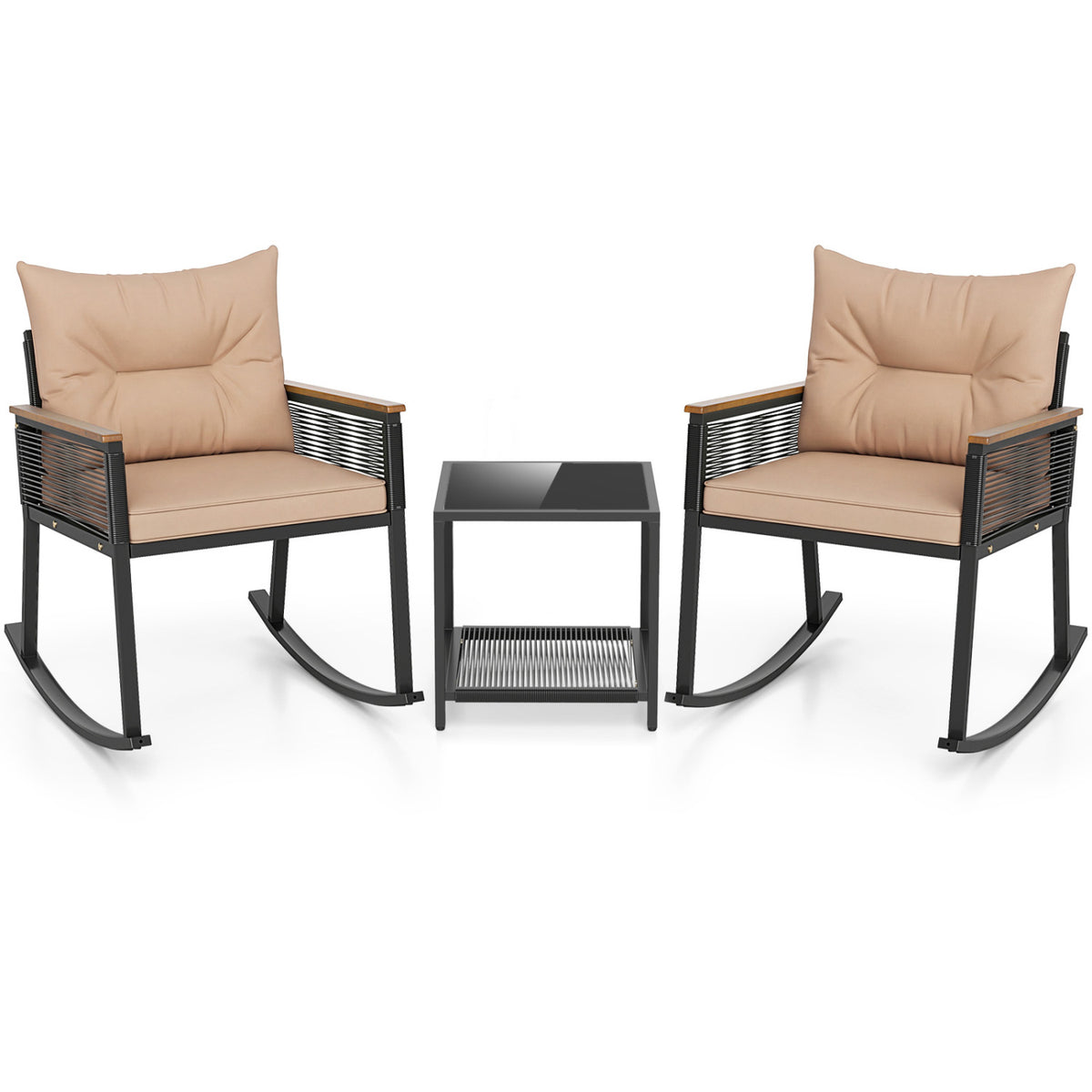 3 Piece Outdoor PE Rattan Rocking Bistro Set with 2-Tier Coffee Table-Brown view 4