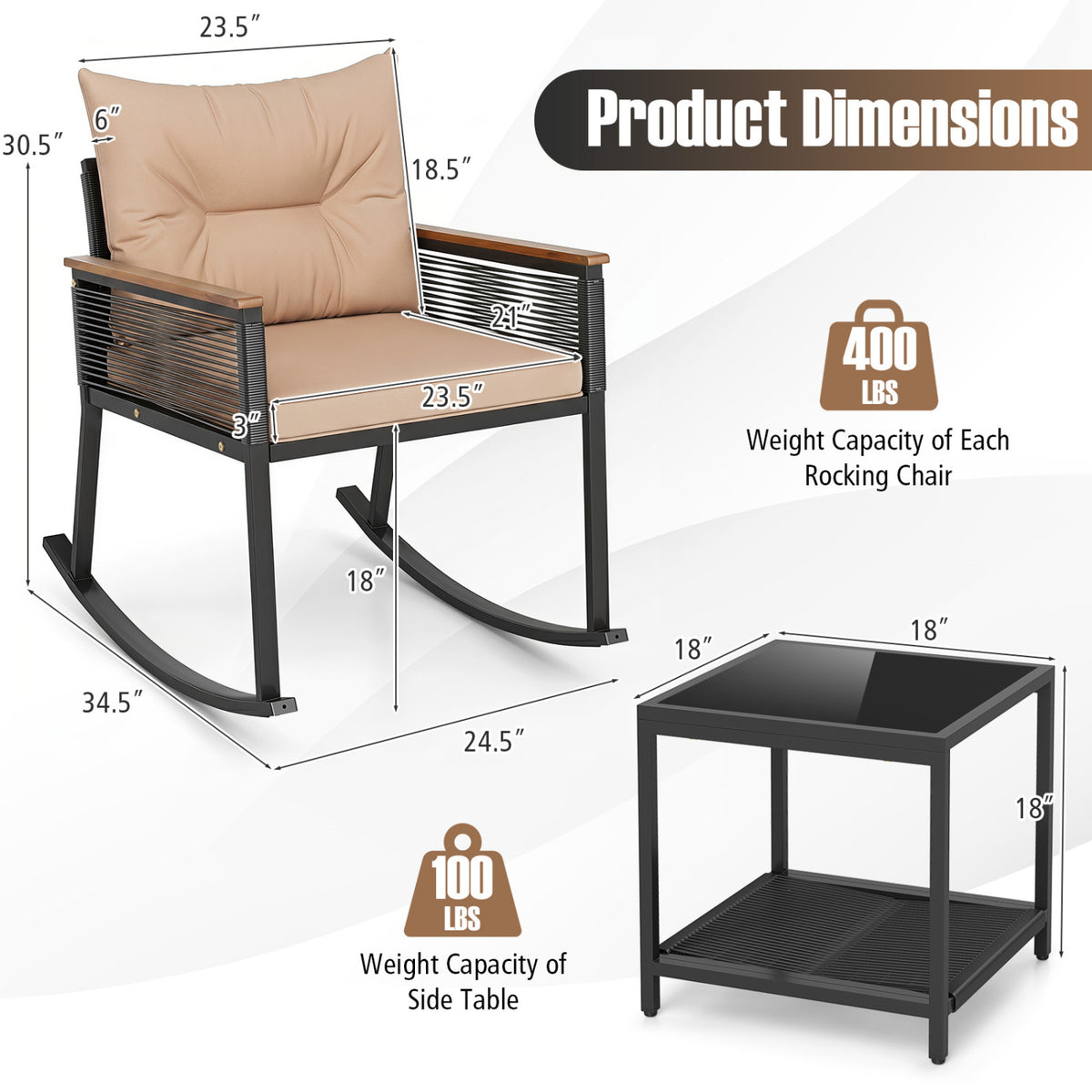 3 Piece Outdoor PE Rattan Rocking Bistro Set with 2-Tier Coffee Table-Brown view 5