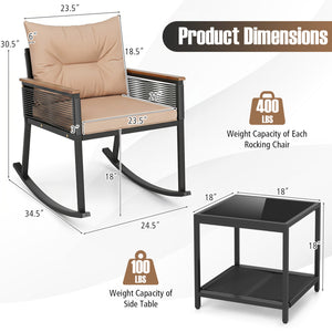3 Piece Outdoor PE Rattan Rocking Bistro Set with 2-Tier Coffee Table-Brown view 5