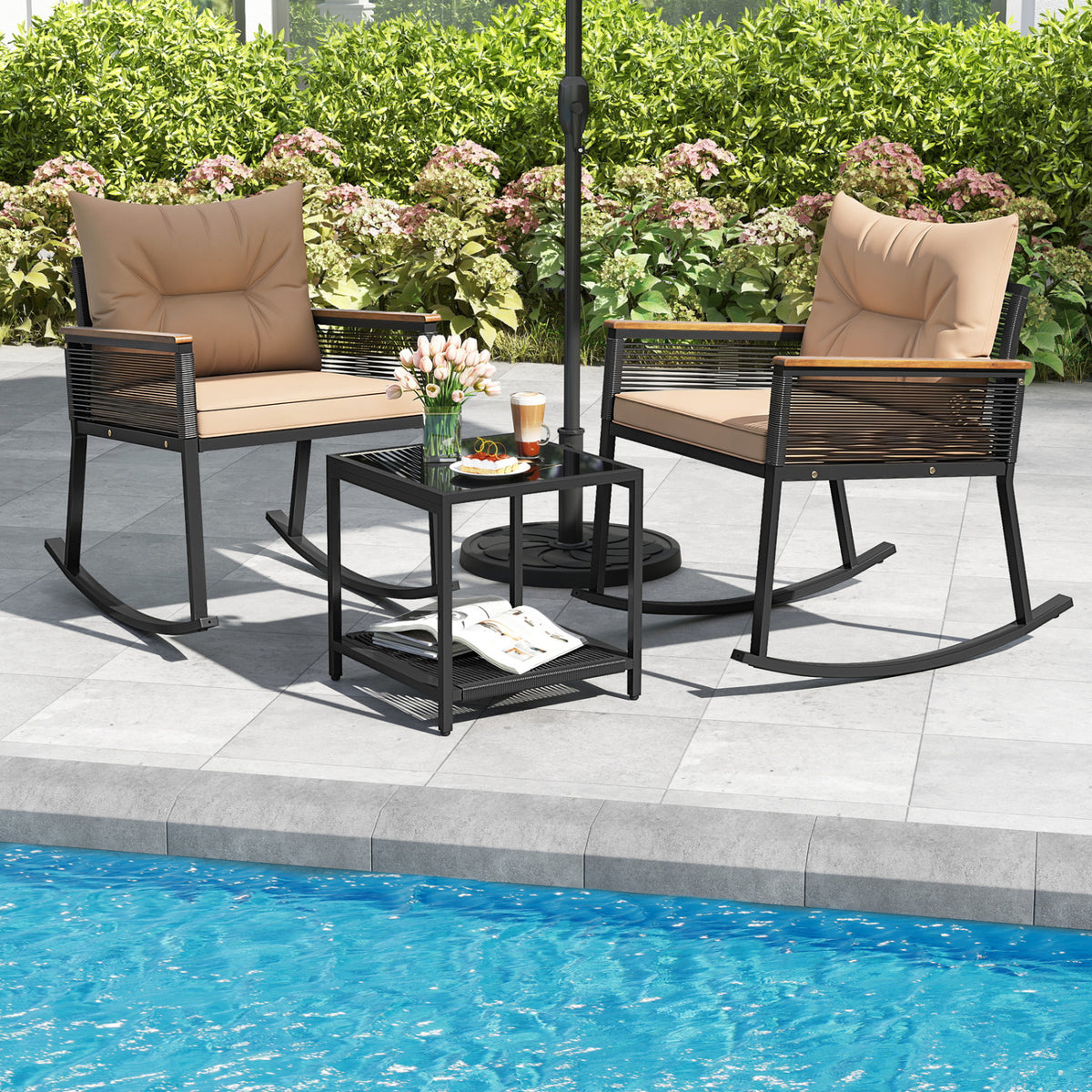 3 Piece Outdoor PE Rattan Rocking Bistro Set with 2-Tier Coffee Table-Brown view 6