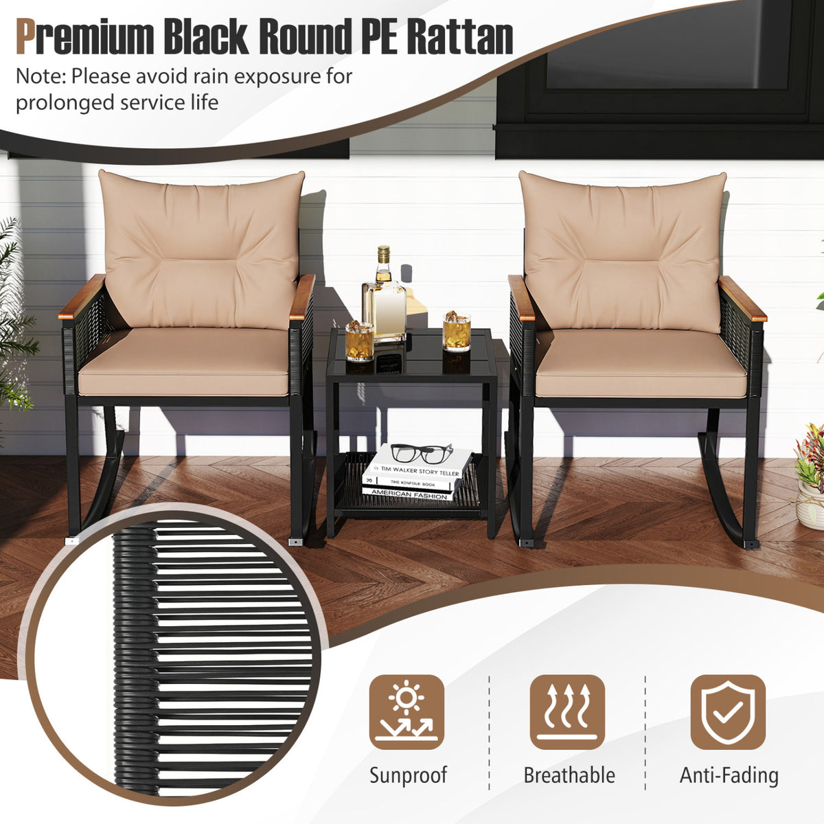 3 Piece Outdoor PE Rattan Rocking Bistro Set with 2-Tier Coffee Table-Brown view 9