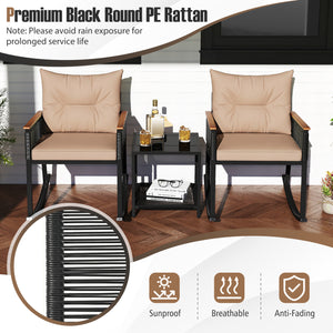 3 Piece Outdoor PE Rattan Rocking Bistro Set with 2-Tier Coffee Table-Brown view 9