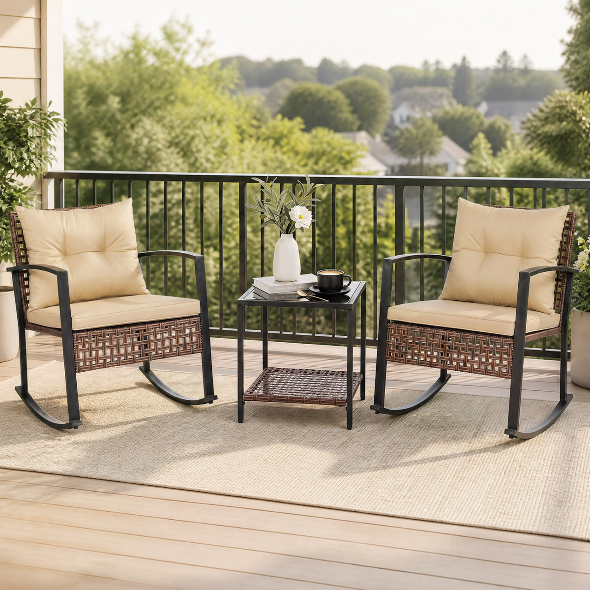 3-Piece Outdoor Rocking Chair Set-Brown view 2