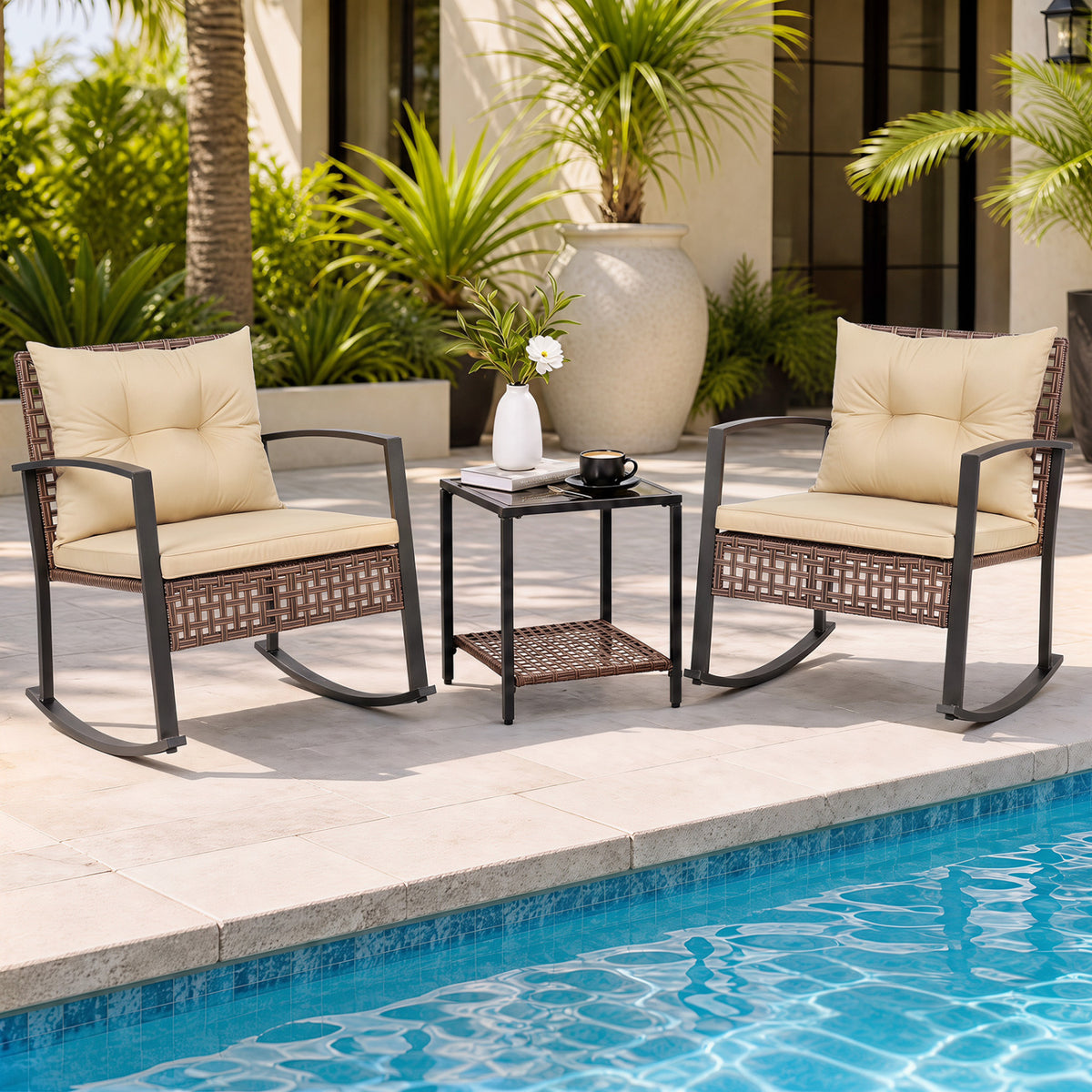3-Piece Outdoor Rocking Chair Set-Brown view 3