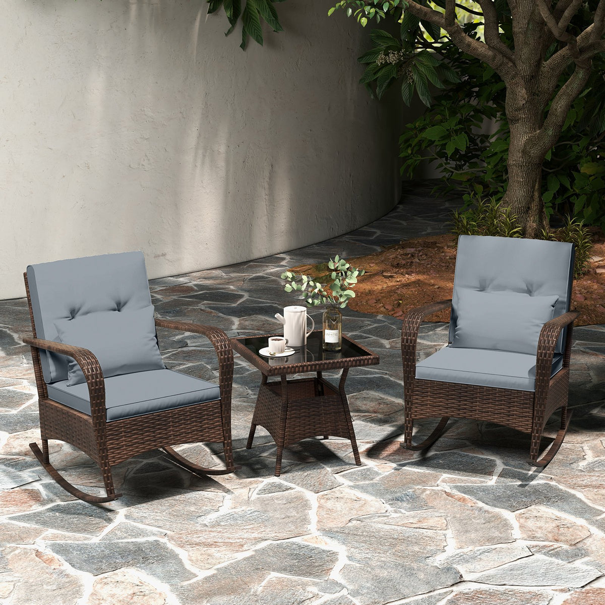 3 Piece Outdoor Rocking Set with Tempered Glass Coffee Table for Backyard Poolside-Gray view 3