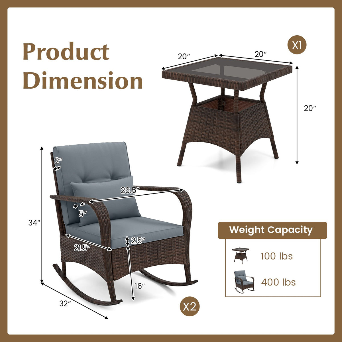 3 Piece Outdoor Rocking Set with Tempered Glass Coffee Table for Backyard Poolside-Gray view 5