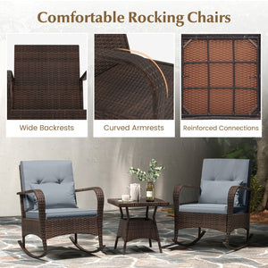 3 Piece Outdoor Rocking Set with Tempered Glass Coffee Table for Backyard Poolside-Gray view 9