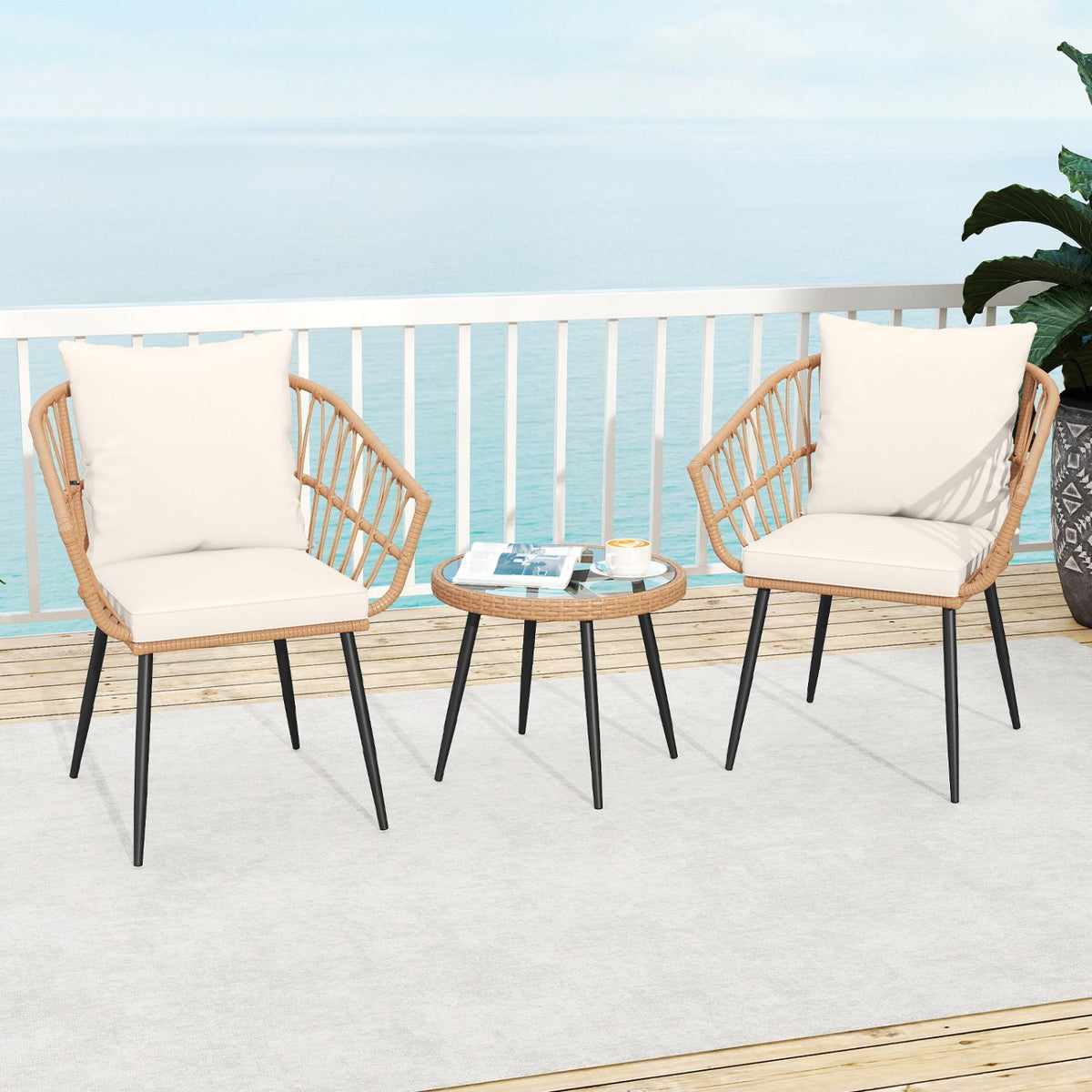 3 Piece Patio Bistro Set with PE Rattan Wicker Chairs and Tempered Glass Coffee Table-Natural view 2