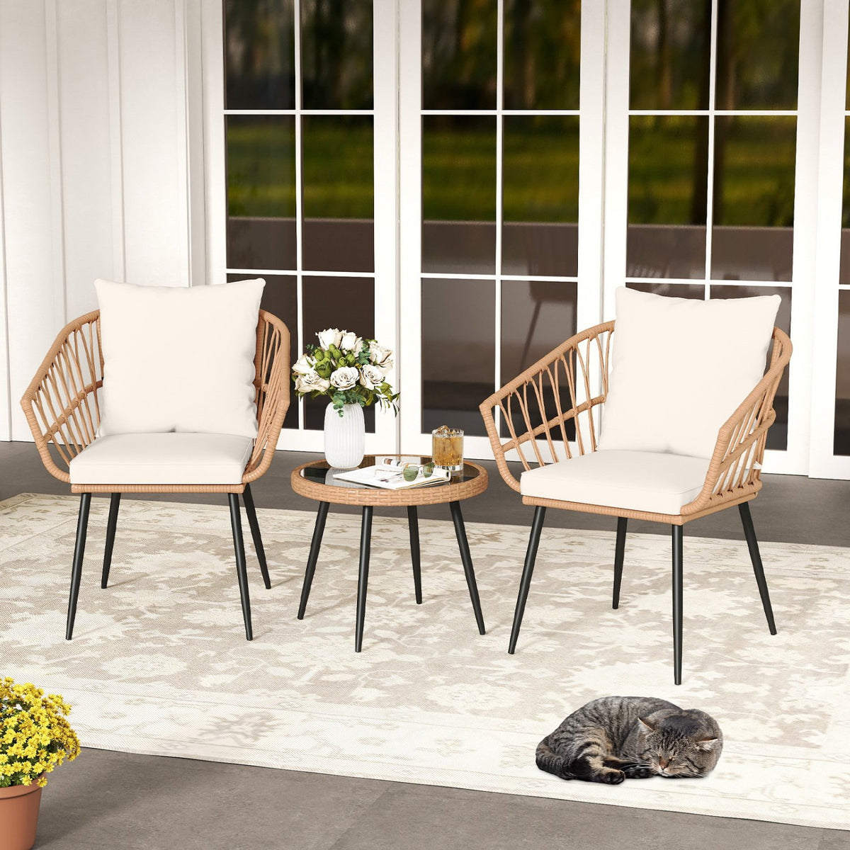 3 Piece Patio Bistro Set with PE Rattan Wicker Chairs and Tempered Glass Coffee Table-Natural view 3