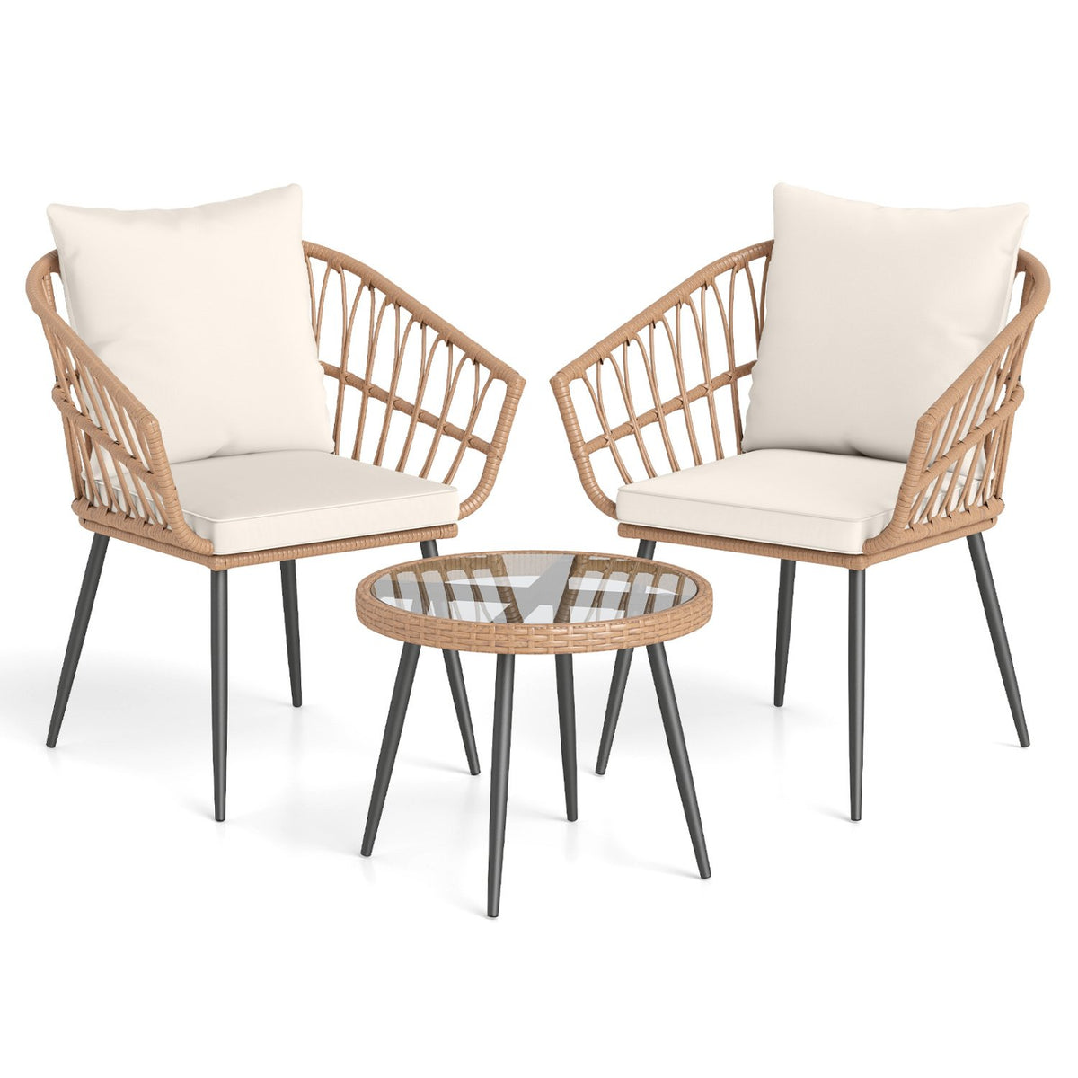 3 Piece Patio Bistro Set with PE Rattan Wicker Chairs and Tempered Glass Coffee Table-Natural view 4