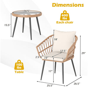 3 Piece Patio Bistro Set with PE Rattan Wicker Chairs and Tempered Glass Coffee Table-Natural view 5