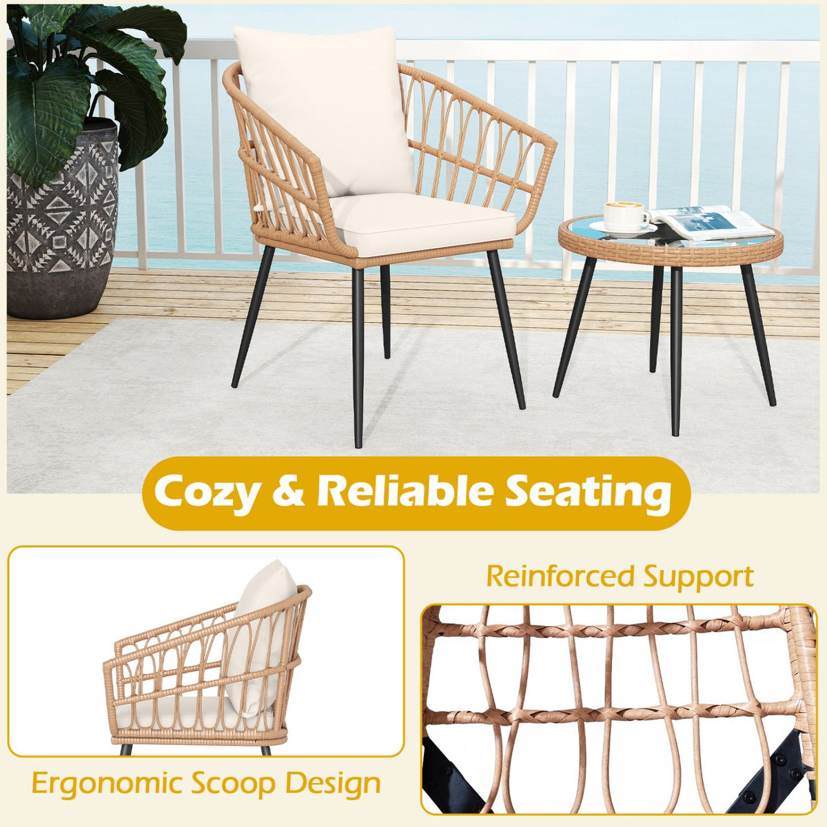 3 Piece Patio Bistro Set with PE Rattan Wicker Chairs and Tempered Glass Coffee Table-Natural view 9