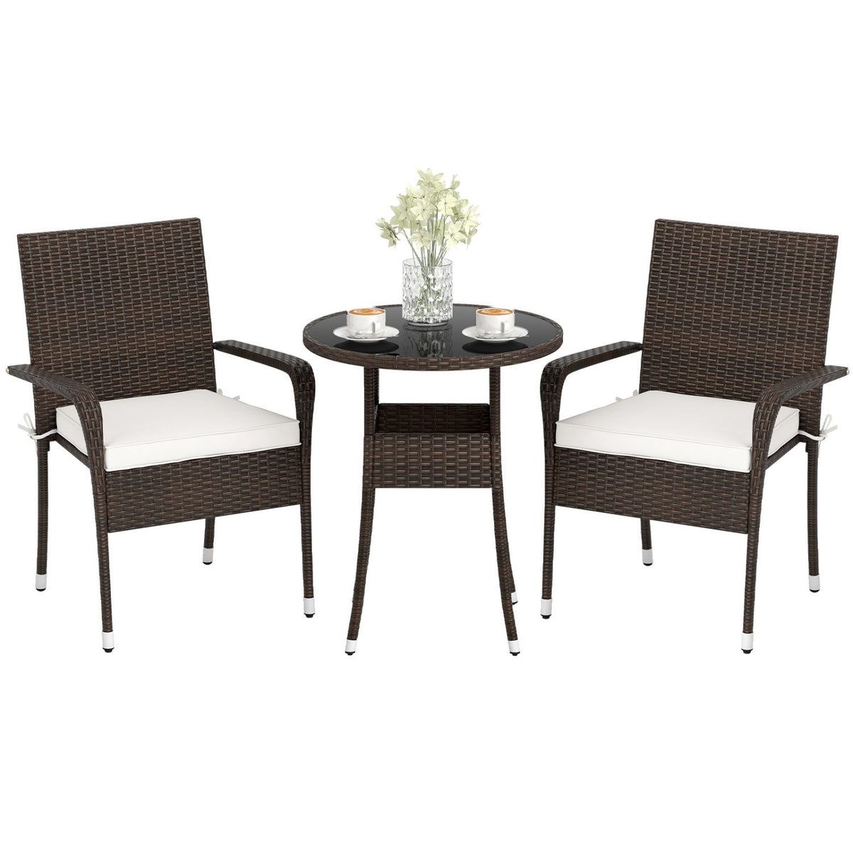 3-Piece Patio Furniture Set PE Rattan Wicker Chairs with Tempered Glass Top Table-White