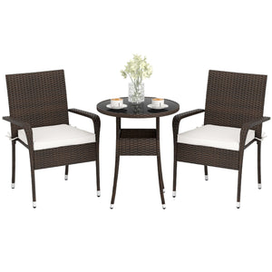 3-Piece Patio Furniture Set PE Rattan Wicker Chairs with Tempered Glass Top Table-White
