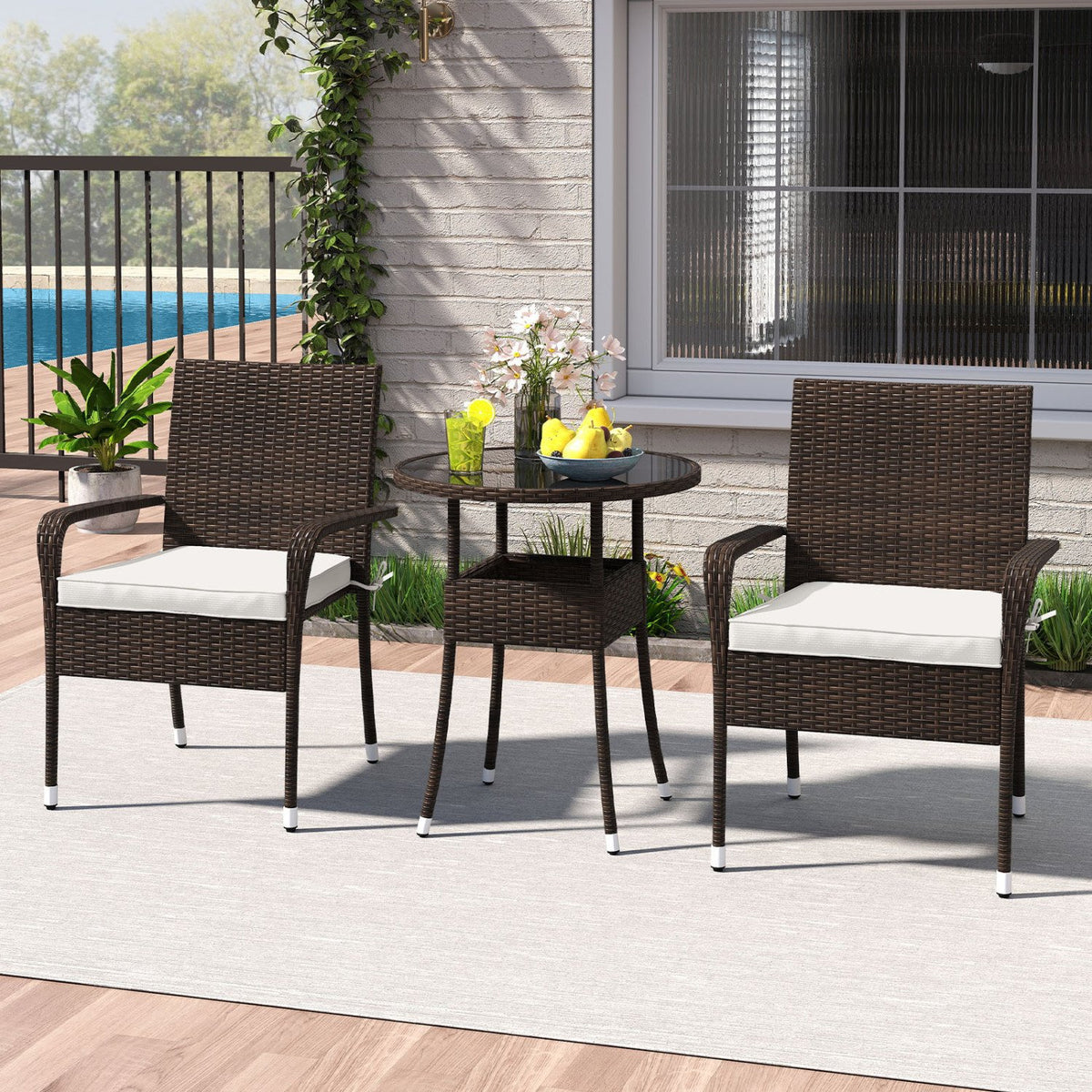 3-Piece Patio Furniture Set PE Rattan Wicker Chairs with Tempered Glass Top Table-White view 2