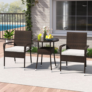 3-Piece Patio Furniture Set PE Rattan Wicker Chairs with Tempered Glass Top Table-White view 2