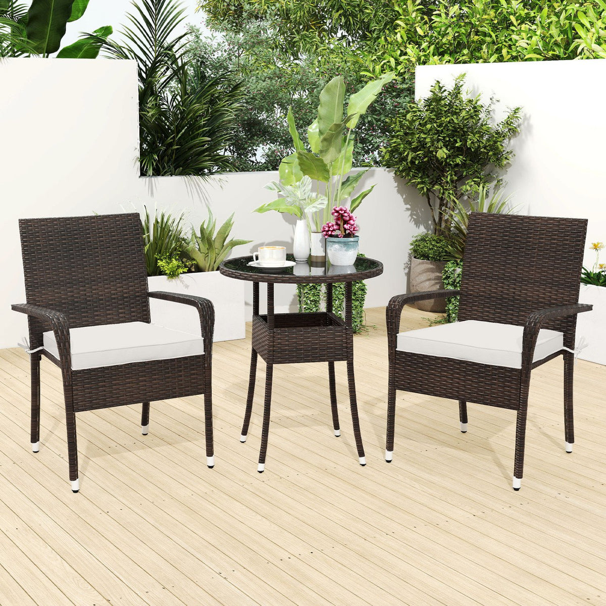 3-Piece Patio Furniture Set PE Rattan Wicker Chairs with Tempered Glass Top Table-White view 3