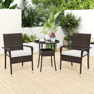 3-Piece Patio Furniture Set PE Rattan Wicker Chairs with Tempered Glass Top Table-White view 3