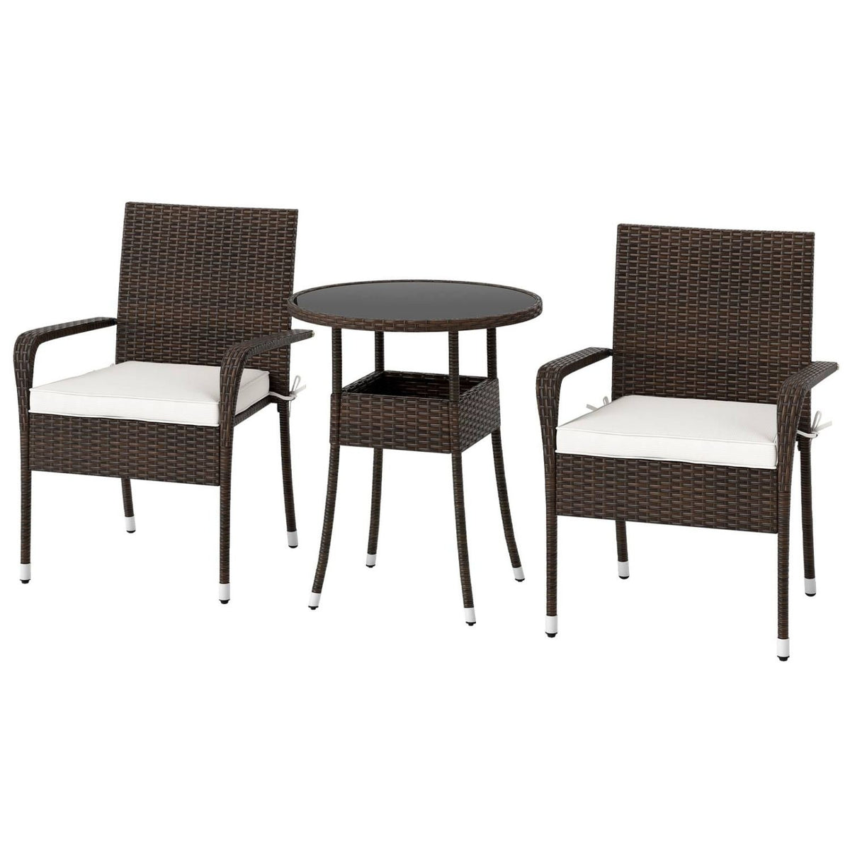 3-Piece Patio Furniture Set PE Rattan Wicker Chairs with Tempered Glass Top Table-White view 4