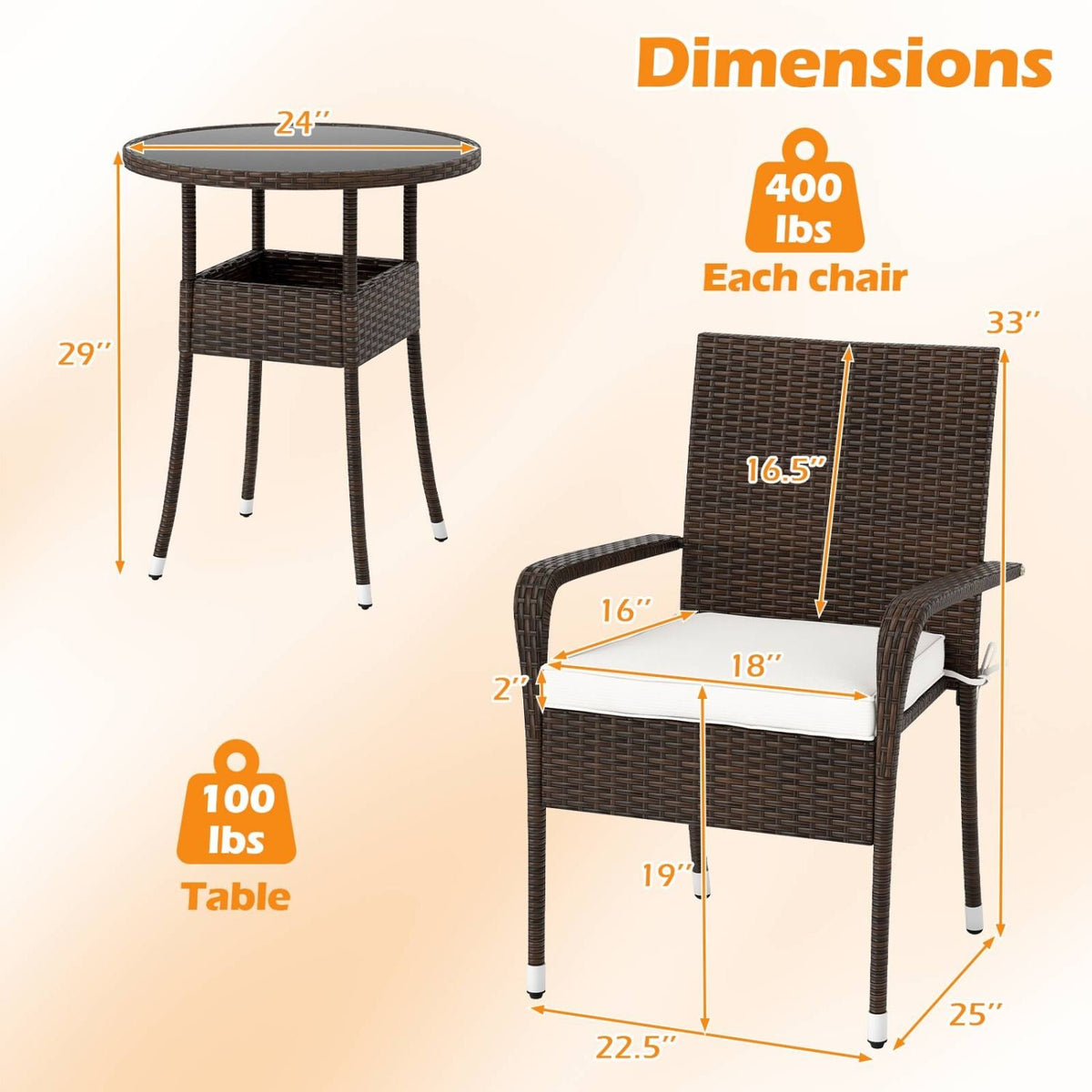 3-Piece Patio Furniture Set PE Rattan Wicker Chairs with Tempered Glass Top Table-White view 5