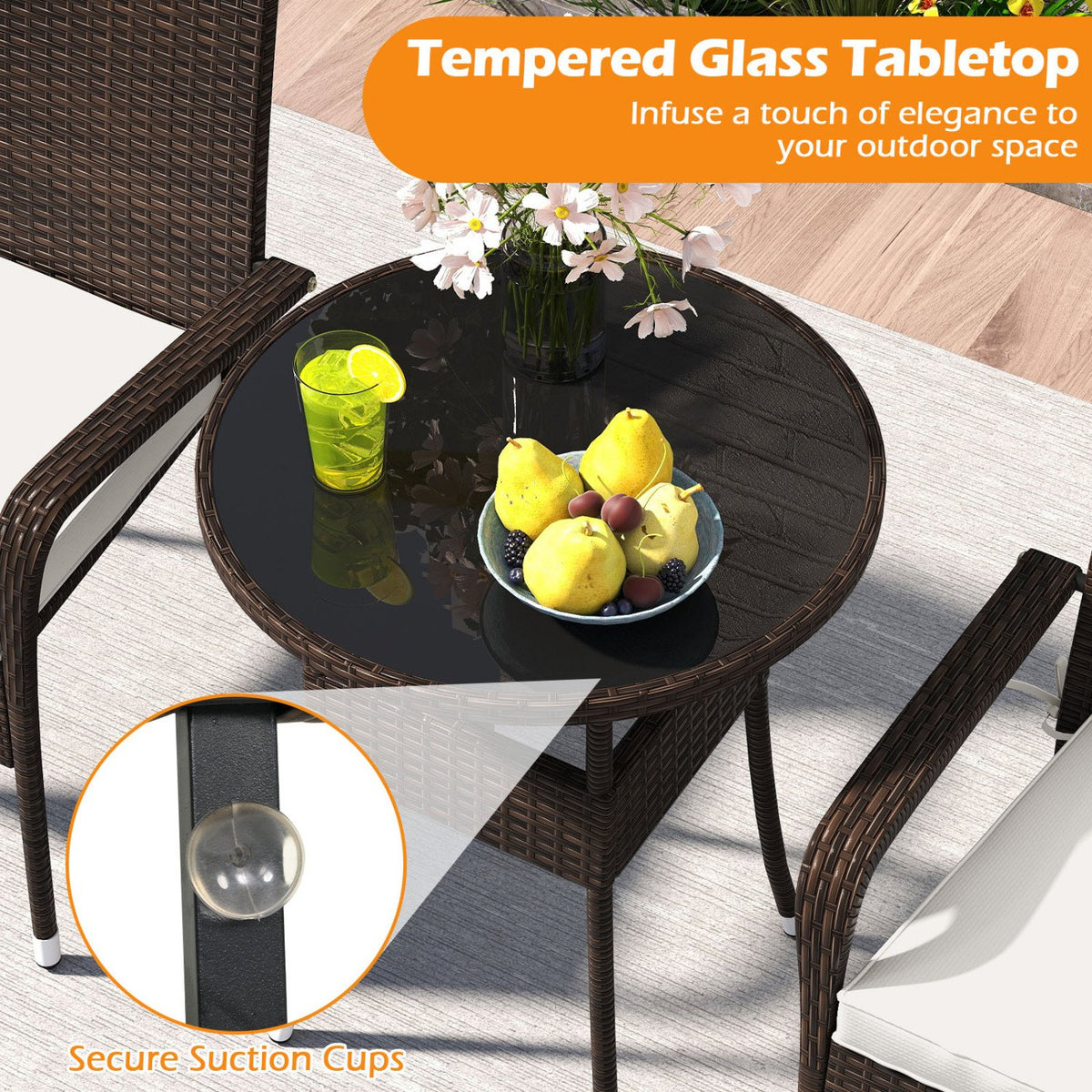3-Piece Patio Furniture Set PE Rattan Wicker Chairs with Tempered Glass Top Table-White view 8