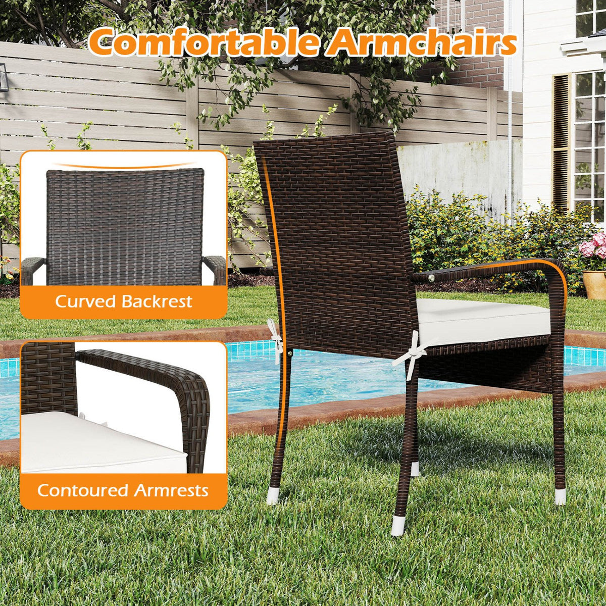3-Piece Patio Furniture Set PE Rattan Wicker Chairs with Tempered Glass Top Table-White view 9