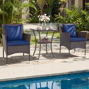 3-Piece Patio Furniture Set Rattan Bistro Chairs with 2-Tier Tempered Glass Side Table-Navy view 2
