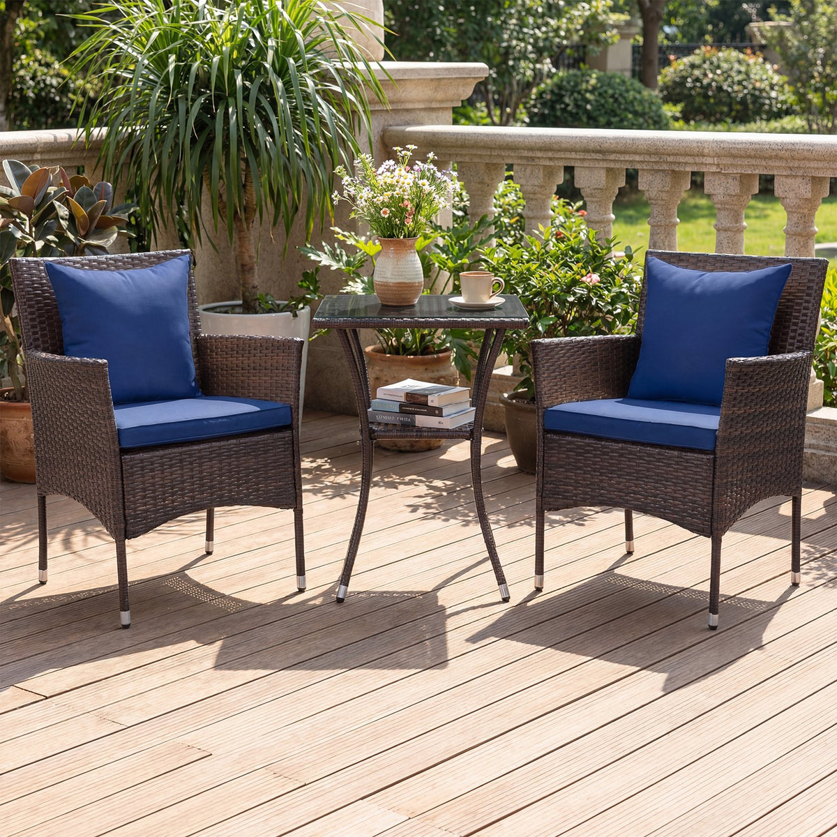 3-Piece Patio Furniture Set Rattan Bistro Chairs with 2-Tier Tempered Glass Side Table-Navy view 3