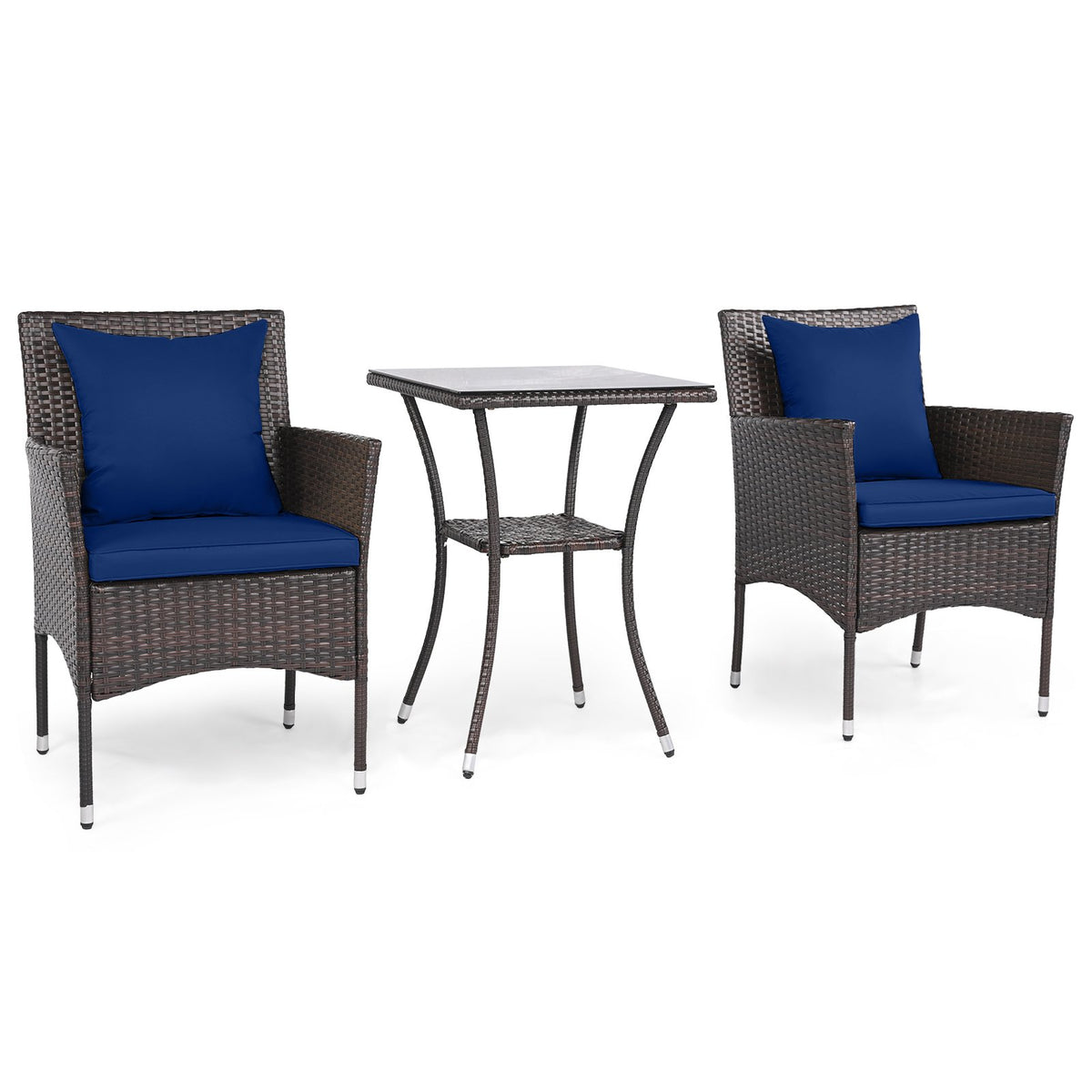 3-Piece Patio Furniture Set Rattan Bistro Chairs with 2-Tier Tempered Glass Side Table-Navy view 4
