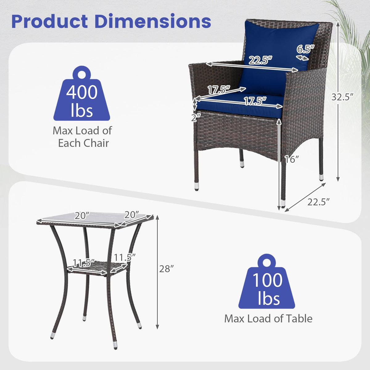 3-Piece Patio Furniture Set Rattan Bistro Chairs with 2-Tier Tempered Glass Side Table-Navy view 5