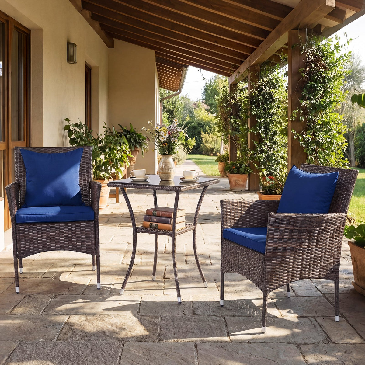 3-Piece Patio Furniture Set Rattan Bistro Chairs with 2-Tier Tempered Glass Side Table-Navy view 6