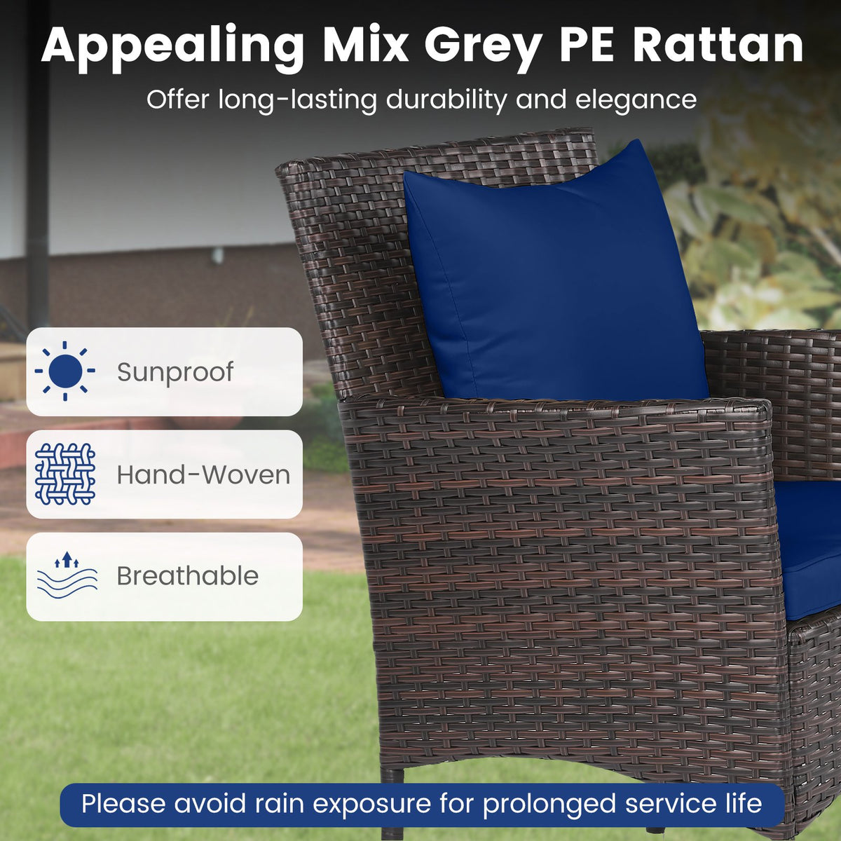 3-Piece Patio Furniture Set Rattan Bistro Chairs with 2-Tier Tempered Glass Side Table-Navy view 7
