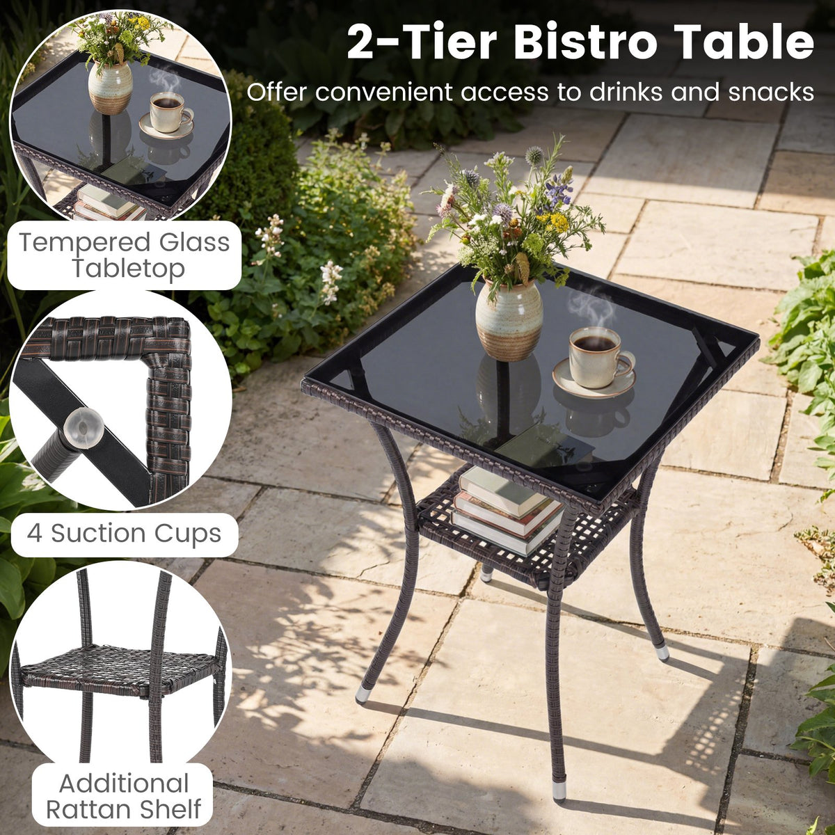 3-Piece Patio Furniture Set Rattan Bistro Chairs with 2-Tier Tempered Glass Side Table-Navy view 8