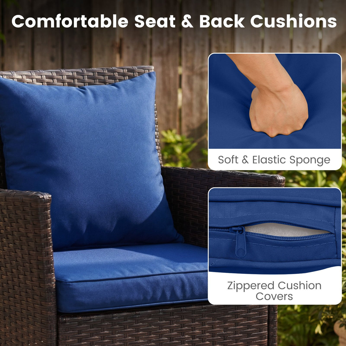 3-Piece Patio Furniture Set Rattan Bistro Chairs with 2-Tier Tempered Glass Side Table-Navy view 9