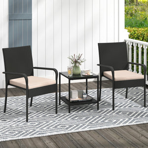 3 Piece Patio Furniture Set with Seat Cushions and Tempered Glass Tabletop-Beige view 2
