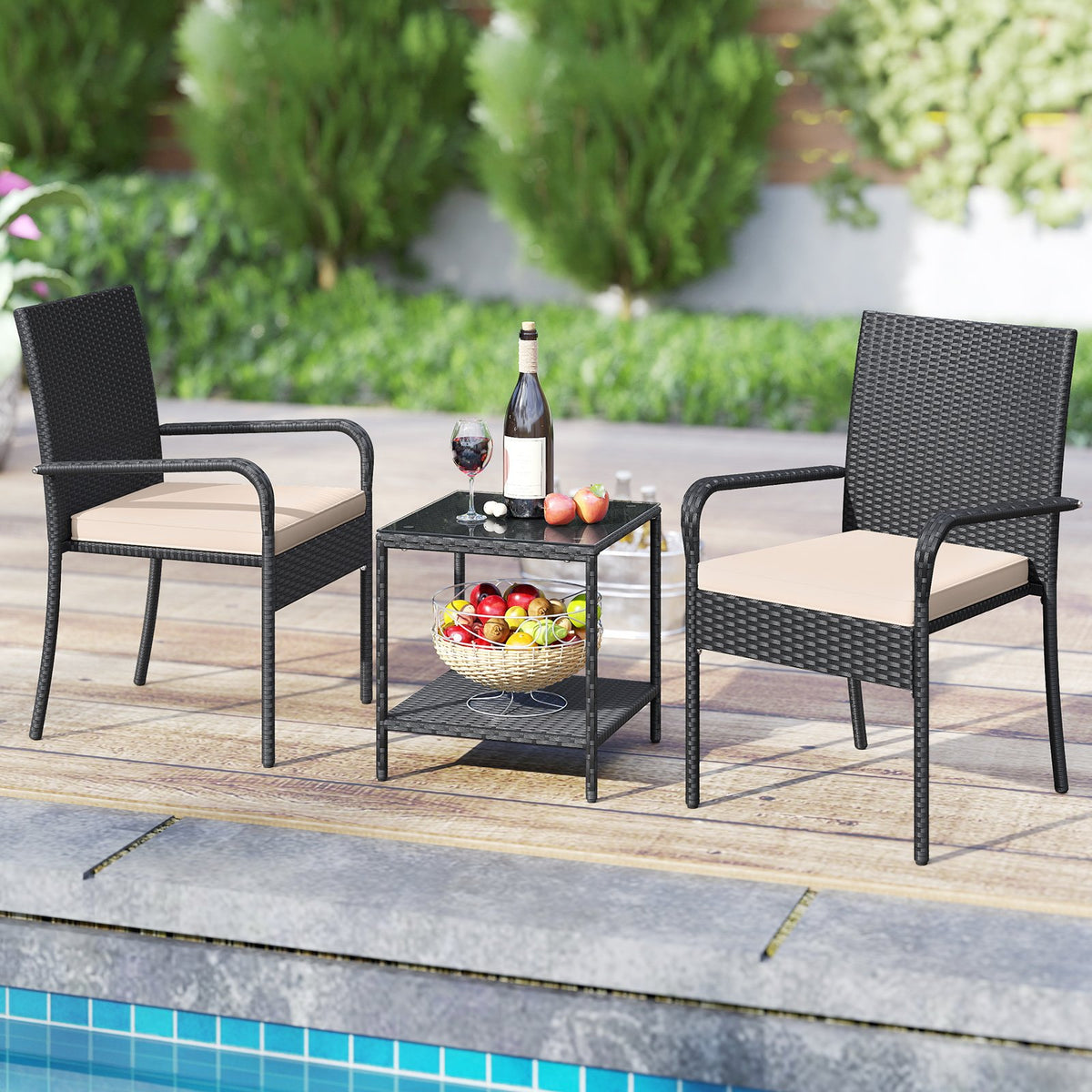 3 Piece Patio Furniture Set with Seat Cushions and Tempered Glass Tabletop-Beige view 3
