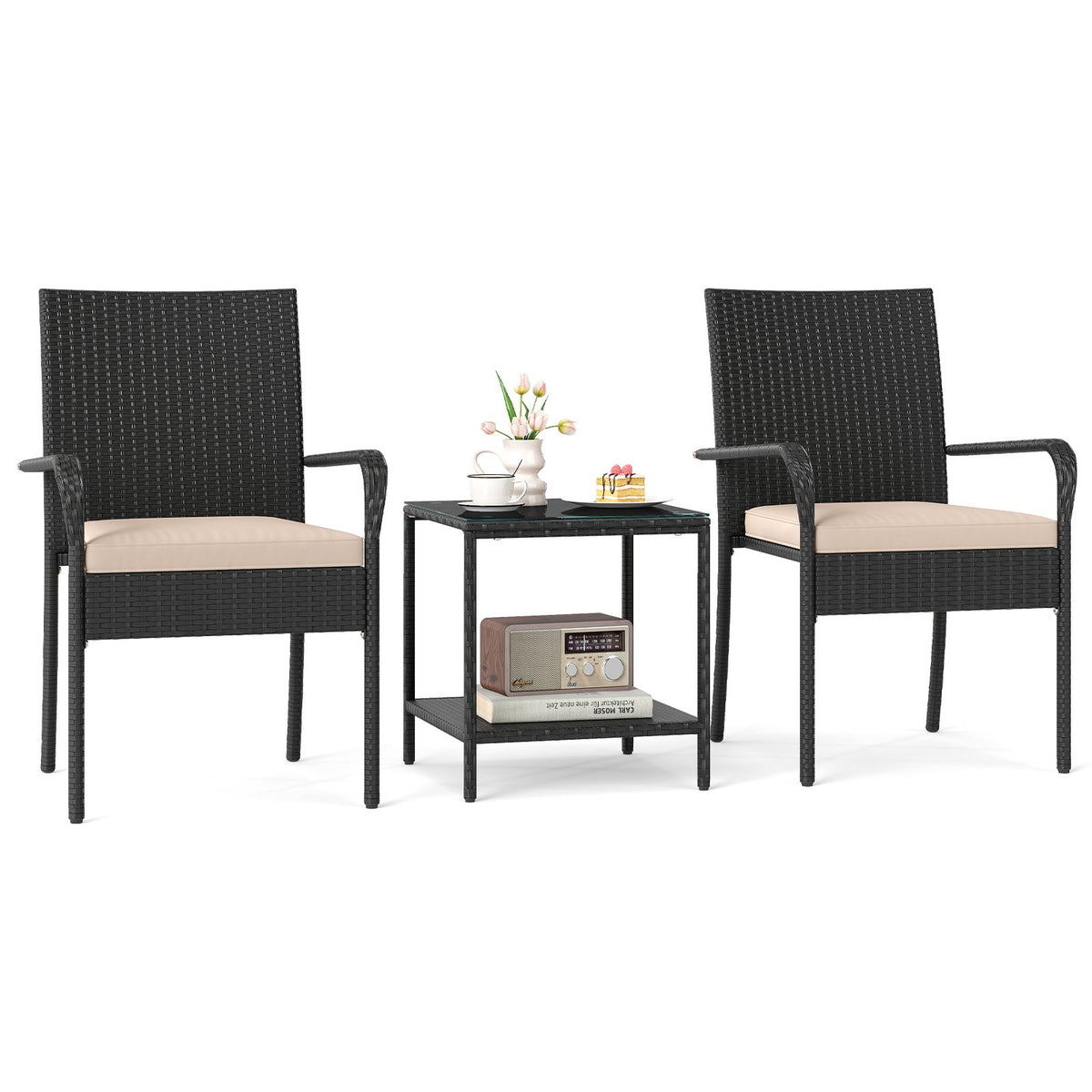 3 Piece Patio Furniture Set with Seat Cushions and Tempered Glass Tabletop-Beige view 4