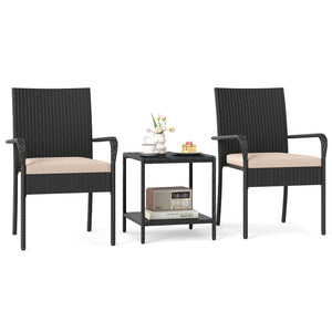 3 Piece Patio Furniture Set with Seat Cushions and Tempered Glass Tabletop-Beige view 4