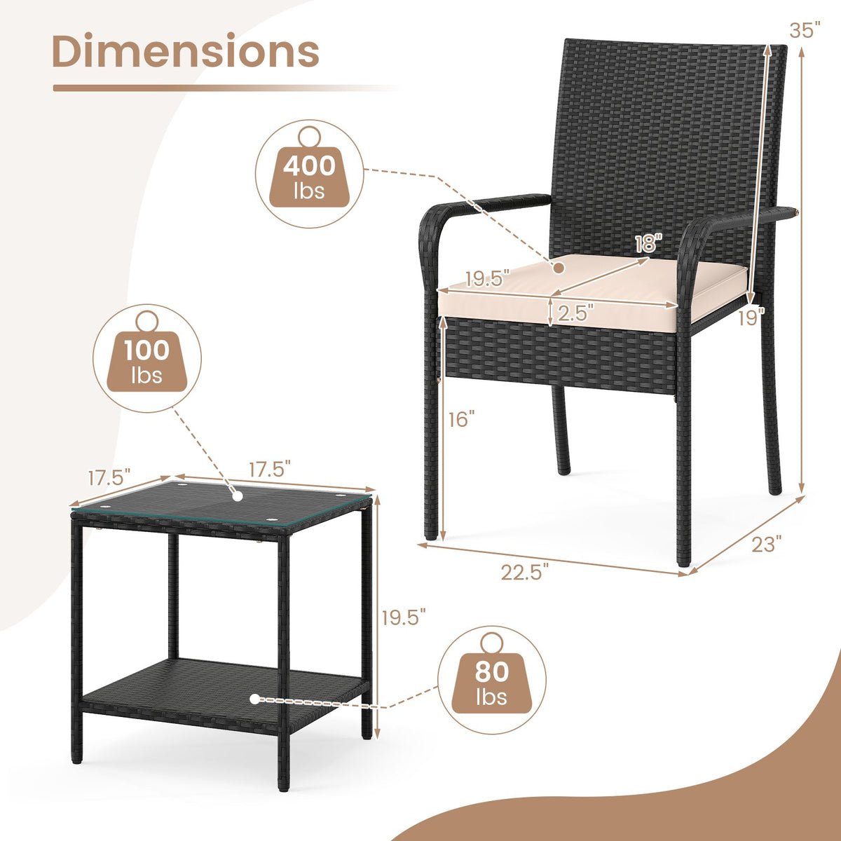 3 Piece Patio Furniture Set with Seat Cushions and Tempered Glass Tabletop-Beige view 5