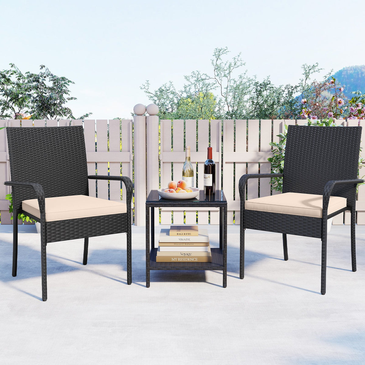 3 Piece Patio Furniture Set with Seat Cushions and Tempered Glass Tabletop-Beige view 6