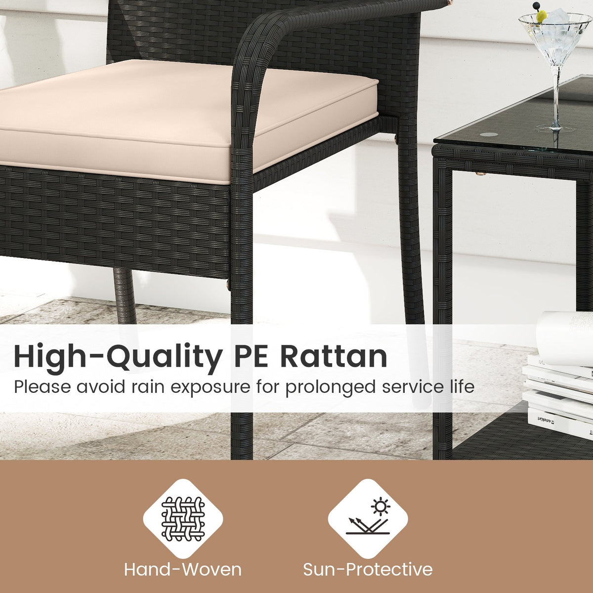 3 Piece Patio Furniture Set with Seat Cushions and Tempered Glass Tabletop-Beige view 7
